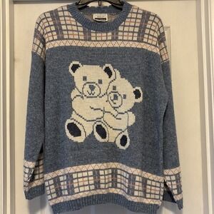 Vtg‎ Adele Knitwear Sweater Blue Pink Grannycore Teddy Bears 80's Plaid M